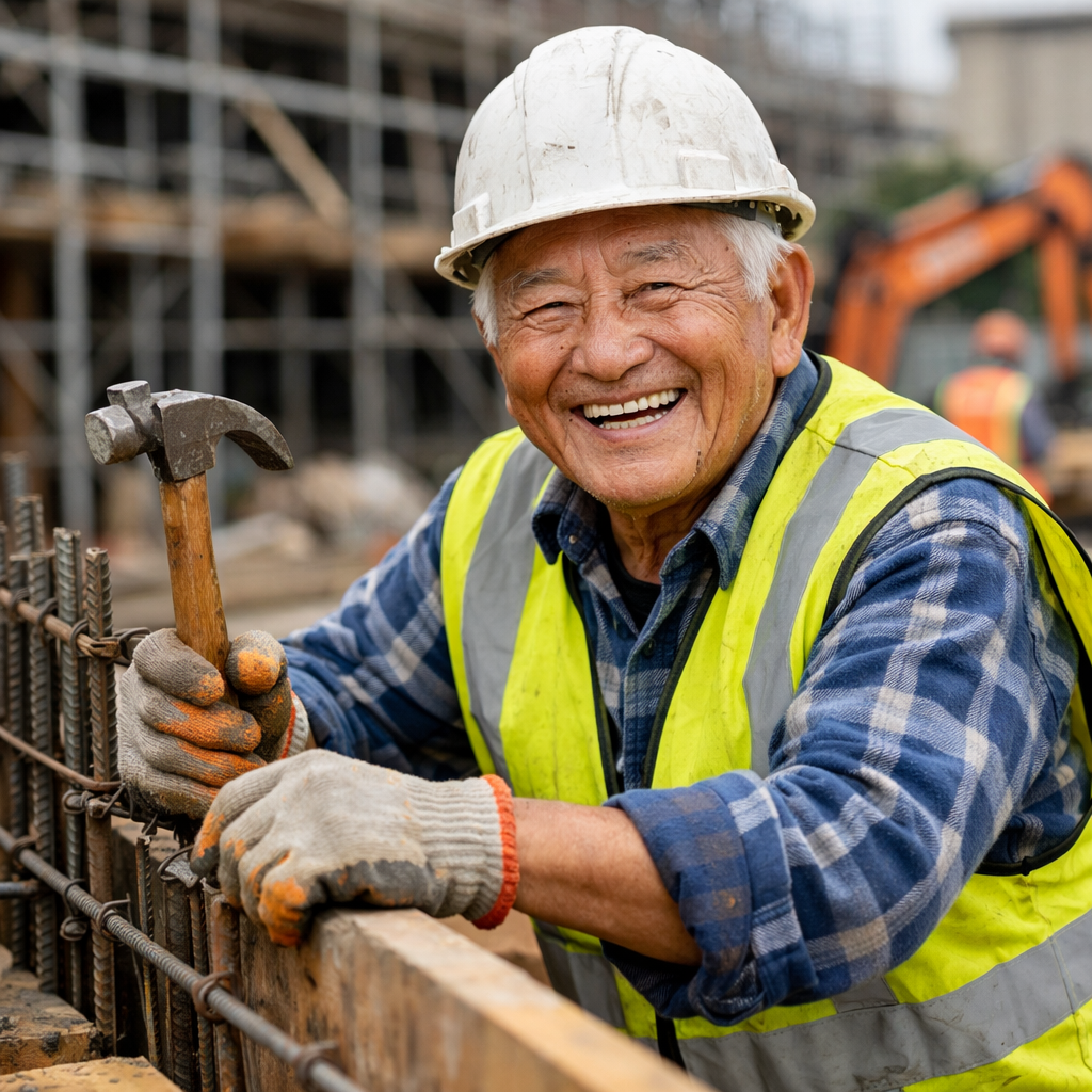 photographic Elderly asian person happily working construction