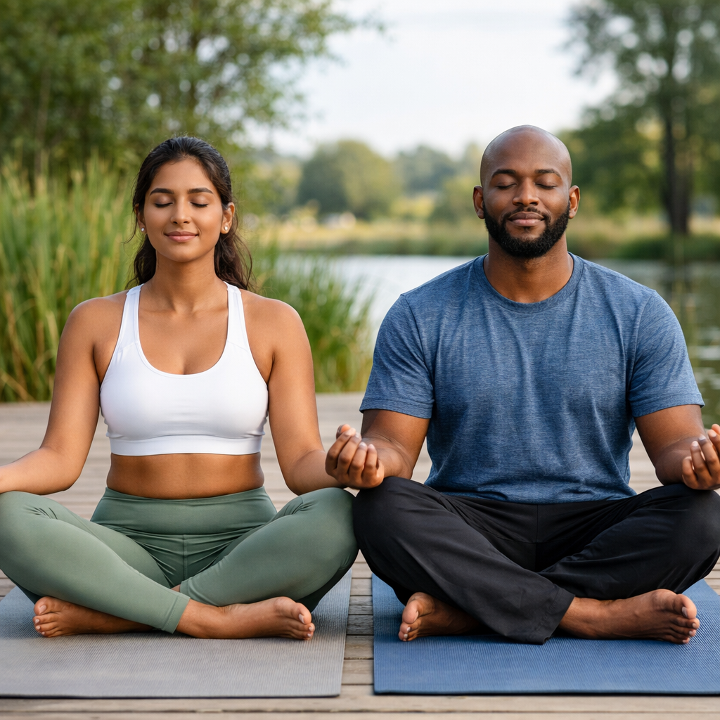photographic diverse couple doing yoga