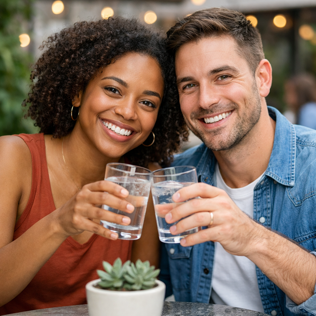 photographic diverse couple on a date drinking water-1