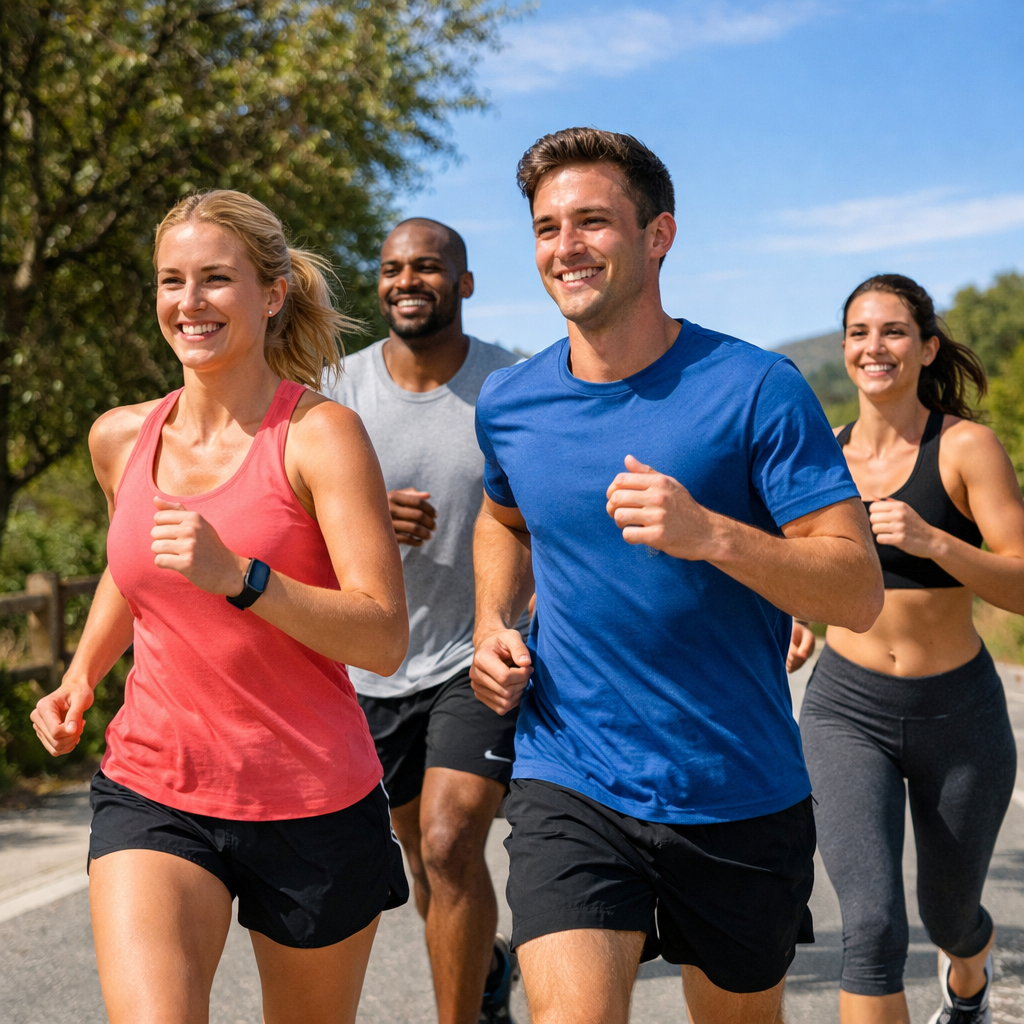 photographic people running outside in a sunny environment