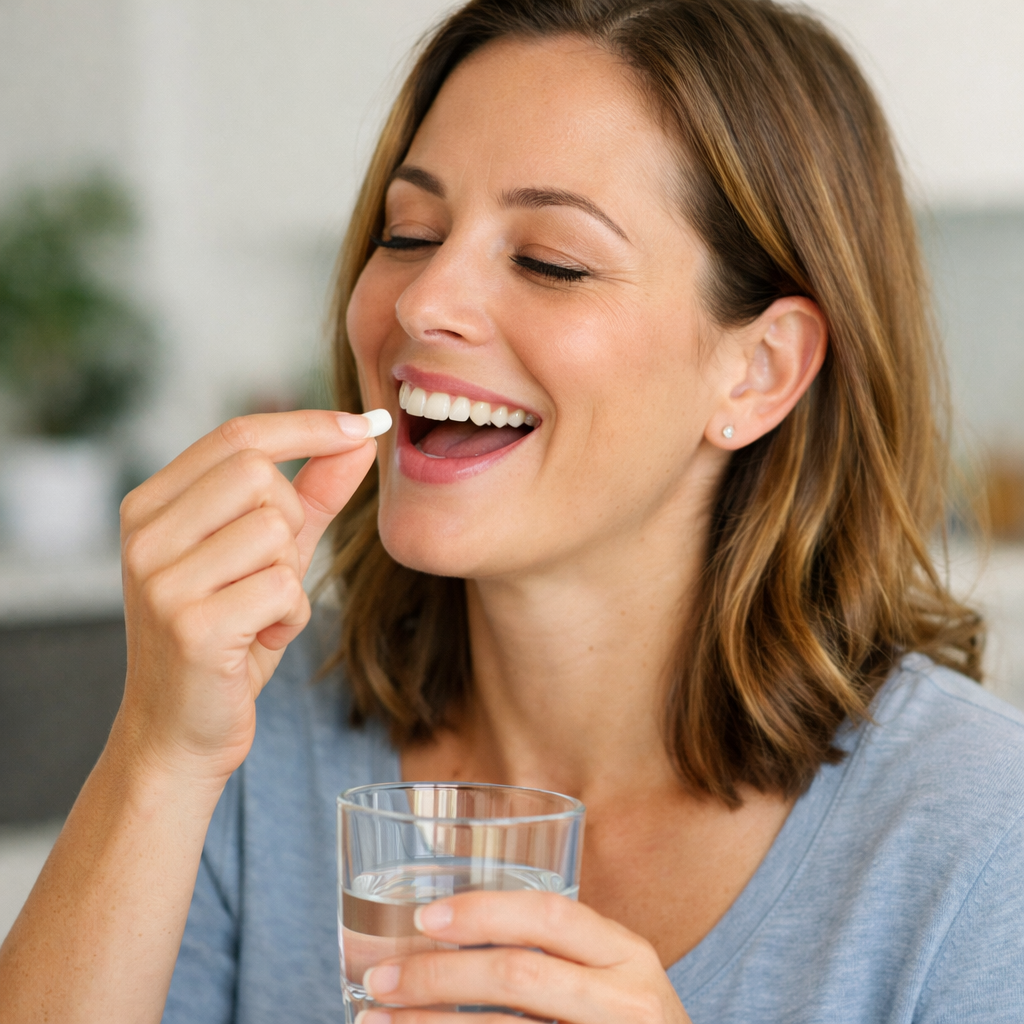 photographic person happily taking a pill-1