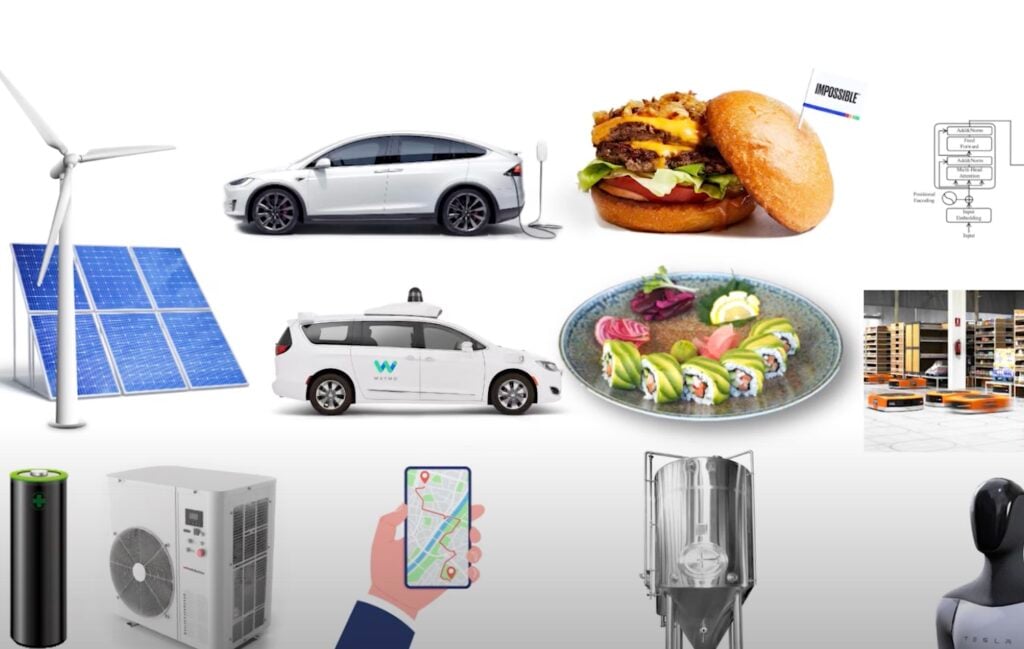 solar power, wind power, batteries, heat pumps, electric vehicles, autonomous driving ride-hailing, precision fermentation, cellular agriculture, artificial intelligence, automation, and robotics